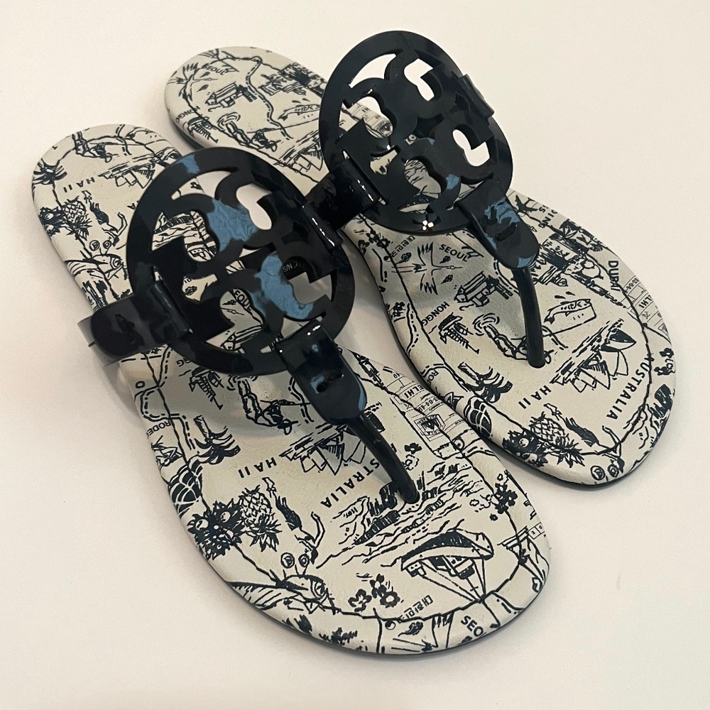 Tory Burch Navy Logo Thong Sandals with Printed Ivory Footbed